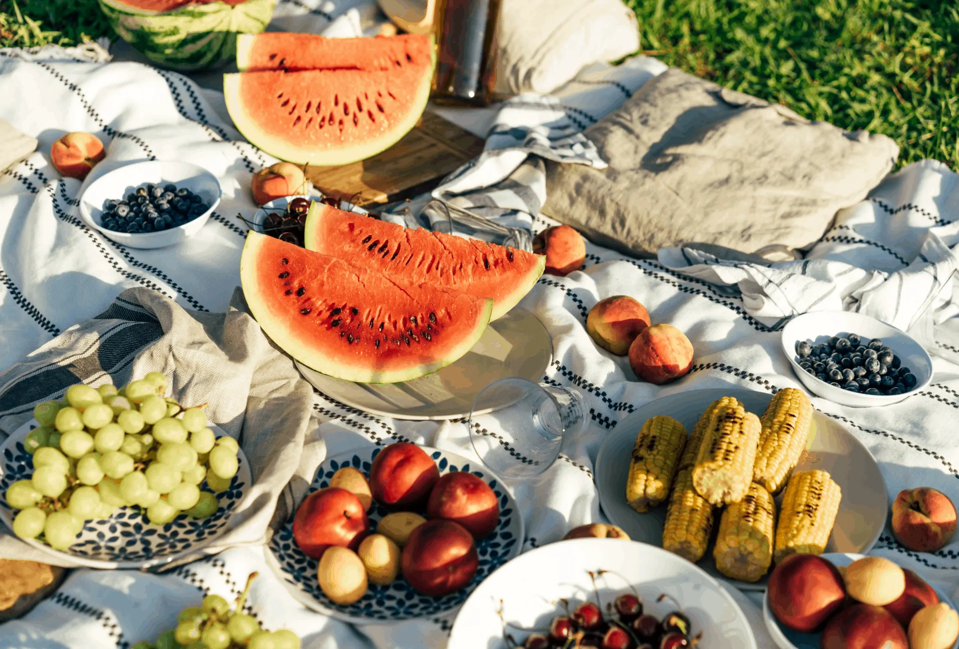 Fruits and vegetables on picnic blanket