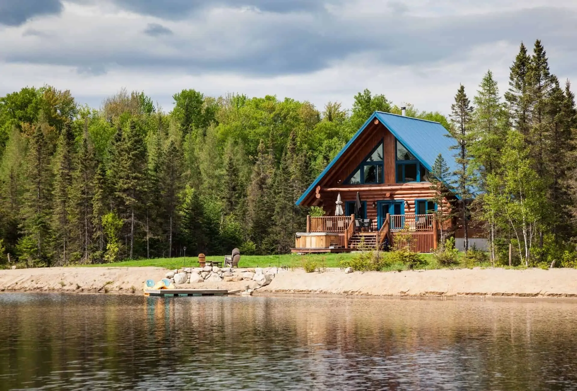 log cabin at a lake