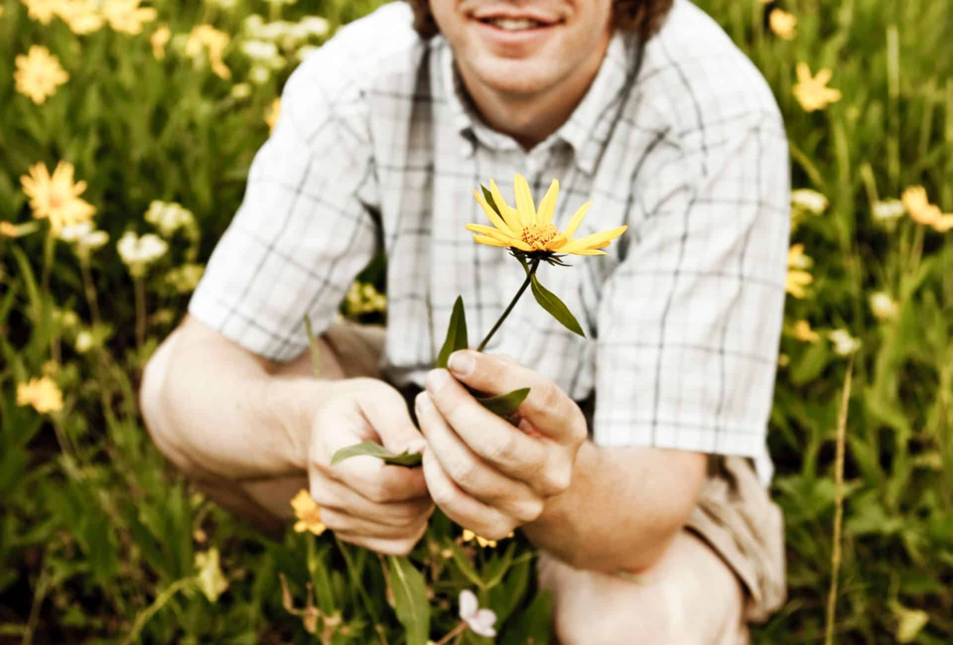 Cottagecore man holding a yellow flower.
